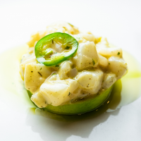 Tartar de vieira aliñada sobre lima
